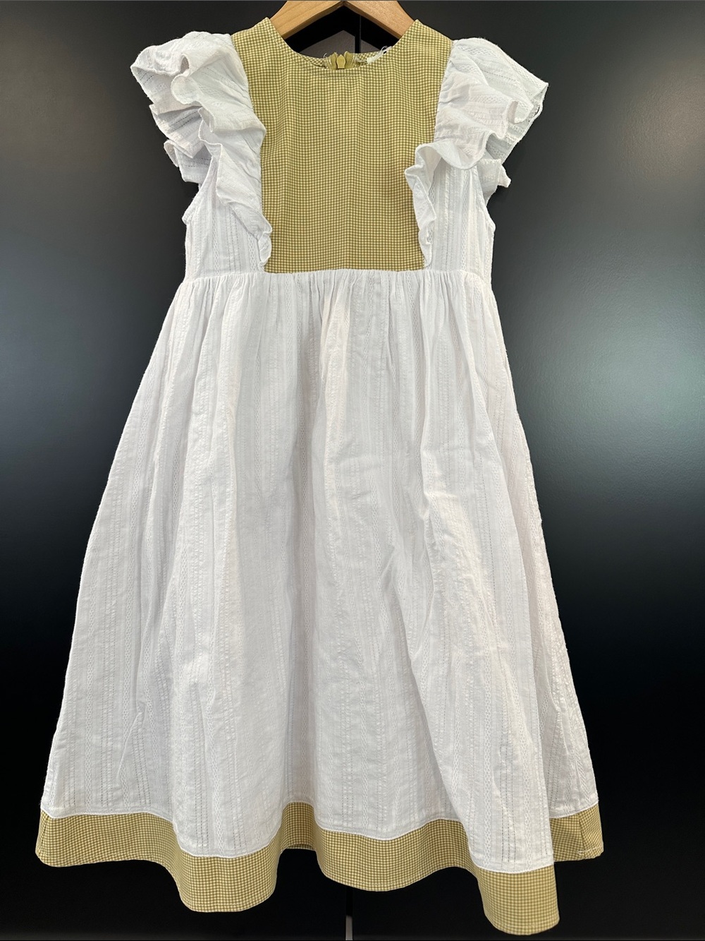 AA Studio Gingham Eyelet Ruffle Sleeve Cotton Dress Tan White Size 10